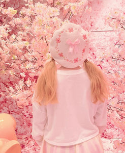 Sakura Cherry Blossom Embroidered Beret - White